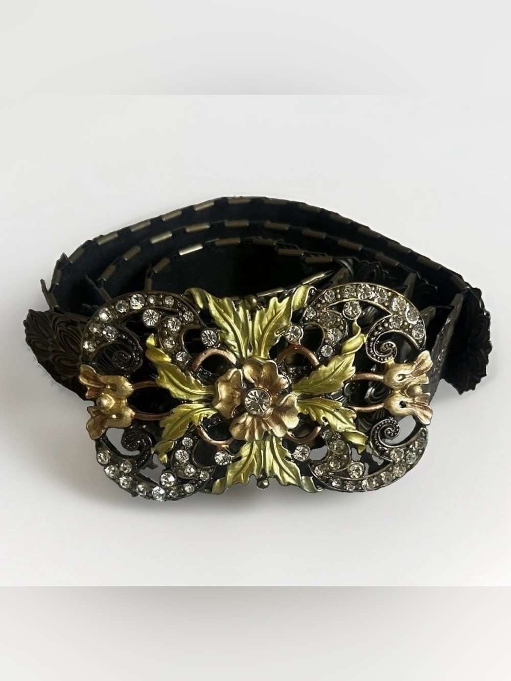 Y2K Floral Crystal Rhinestone Buckle Metal Goldtone Stretch Belt